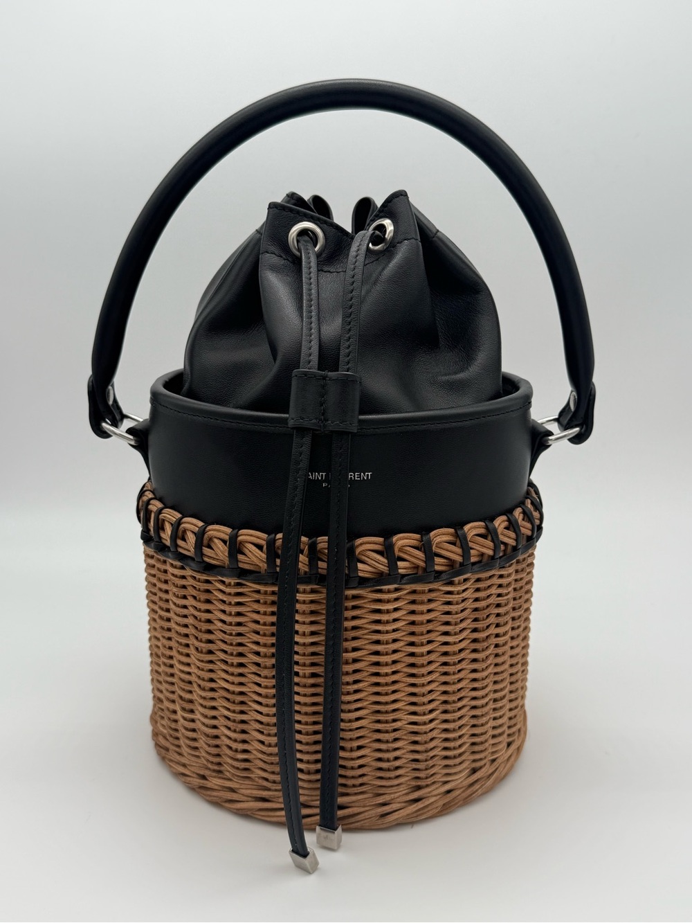 Saint Laurent Black & Tan Wicker Bucket Bag